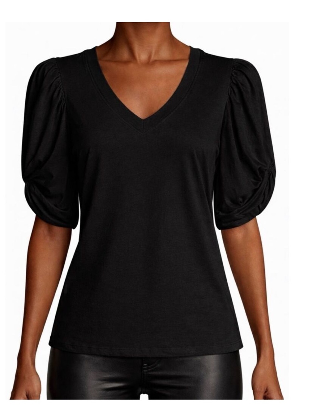 Sz L 7 for All Mankind black short sleeve puff bubble sleeves v neck blouse top